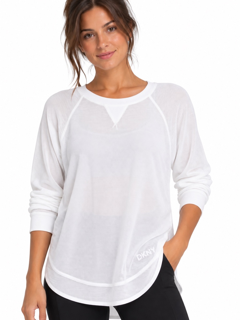 DKNY Sport White Mesh Tunic Lightweight Pullover Sweatshirt Top Gym Outdoor